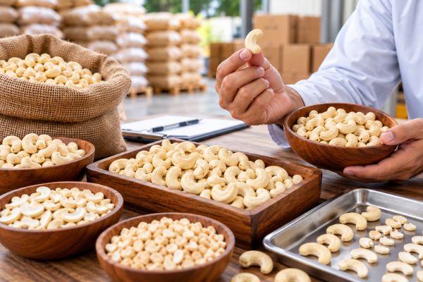 Check Cashew Quality Buyer checking cashew quality before placing a bulk order.